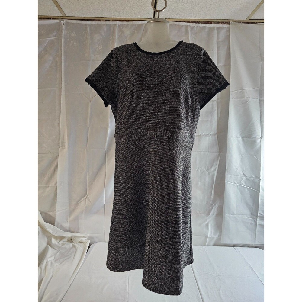 Loft Outlet Black White Tweed Knit Fringe A Line Short Sleeve Dress Size 16 NWT